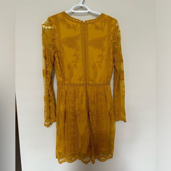 Altar’d State Tabatha Mustard Yellow Golden Long Sleeve Lace Mini Dress - Picture 7 of 9